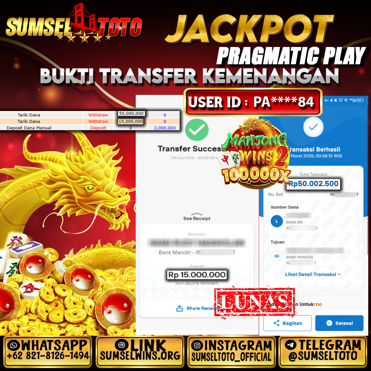 SUMSELTOTO JACKPOT MAHJONG WINS 2 Rp.65,000,000.,- LUNAS
